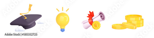 3d education icons. graduate hat, certificate diploma, light bulb, money cach. Education concept. Isolated graphic objects. Cartoon vector illustration