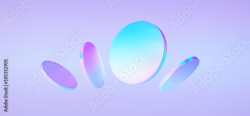 Set 3d hologram disk on holographic background. Flying fluid pink, blue, pastel podium.Abctract scene holo glass cylinder shape. Vector illustration