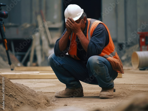 A sad construction worker lost his job. broken, he hides his face in his hands. Ai generative photo