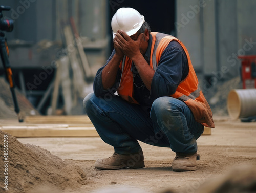 A sad construction worker lost his job. broken, he hides his face in his hands. Ai generative