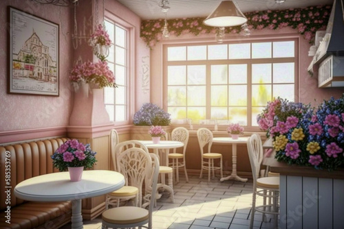 Modern cozy cafe, boho interior design. Super photo realistic background. Generative ai illustration © Anna