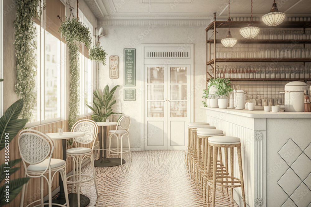 Modern cozy cafe, boho interior design. Super photo realistic background. Generative ai illustration Modern cozy cafe, boho interior design. Super photo realistic background. Generative ai illustration