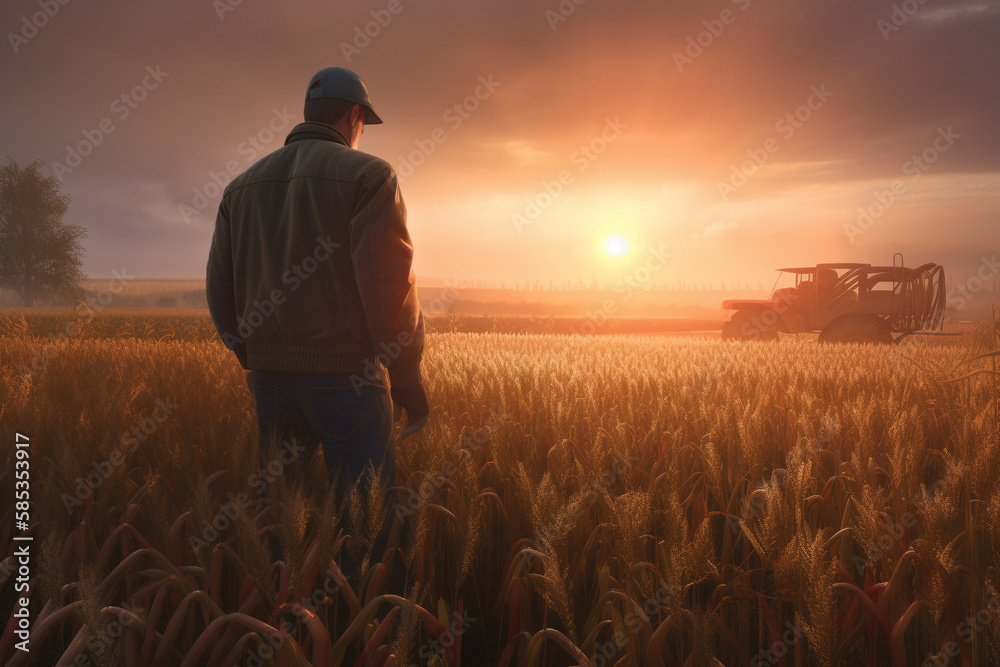 Fototapeta premium Young farmer working in the field at sunset. AI generated