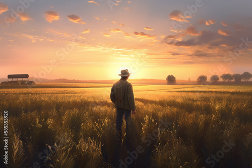 Young farmer working in the field at sunset. AI generated