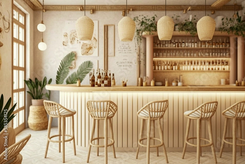 Modern cozy cafe  boho interior design. Super photo realistic background. Generative ai illustration