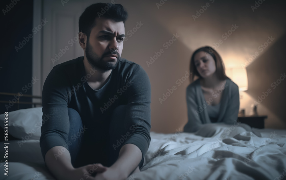 A couple sitting on their bed far apart, having serious relationship problems or issues with their sex life. Shallow field of view. Illustrative Generative AI. Not real people. A couple sitting on their bed far apart, having serious relationship problems or issues with their sex life. Shallow field of view. Illustrative Generative AI. Not real people.