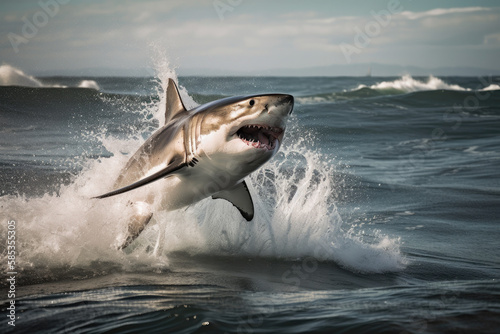 great white shark jumping out of ocean water, generative AI