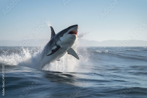 great white shark jumping out of ocean water  generative AI