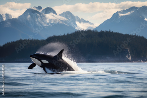 orca jumping out of ocean water with mountains in background, generative AI © Kien