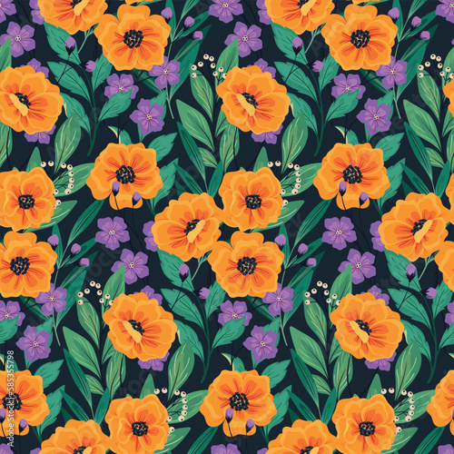 Seamless floral pattern  flower print with hand drawn wild garden  large flowers  leaves. Botanical design with yellow poppies  small flowers  green foliage on a dark background. Vector illustration.