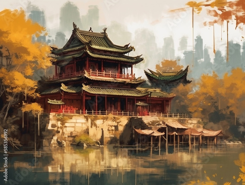 Oil painting of ancient architecture of Chinese civilization. The buildings used bright colors, vermilion fir pillars, glaze roof tiles and decorative parts such as the bracket under the eaves. 