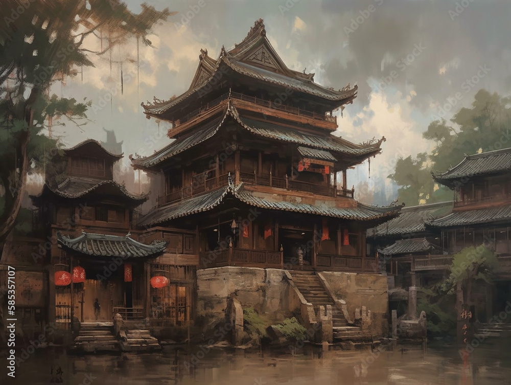 Oil painting of ancient architecture of Chinese civilization. The buildings used bright colors, vermilion fir pillars, glaze roof tiles and decorative parts such as the bracket under the eaves.
