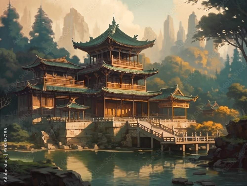 Naklejka premium Oil painting of ancient architecture of Chinese civilization. The buildings used bright colors, vermilion fir pillars, glaze roof tiles and decorative parts such as the bracket under the eaves.