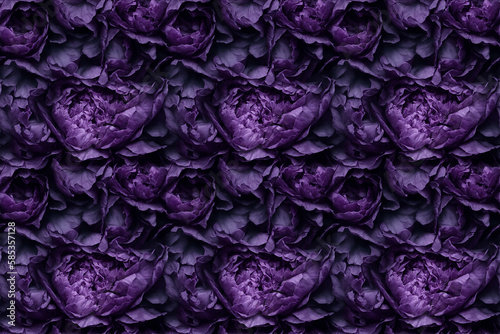 Seamless pattern with baroque purple peonies on a black background, moody muted colors. Generative AI
