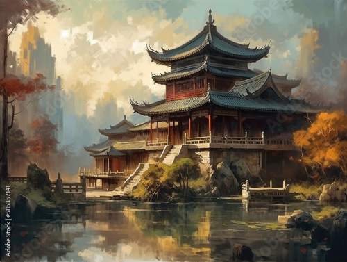 Oil painting of ancient architecture of Chinese civilization. The buildings used bright colors, vermilion fir pillars, glaze roof tiles and decorative parts such as the bracket under the eaves. 