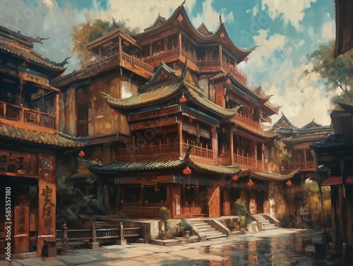Oil painting of ancient architecture of Chinese civilization. The buildings used bright colors, vermilion fir pillars, glaze roof tiles and decorative parts such as the bracket under the eaves.  © Aisyaqilumar