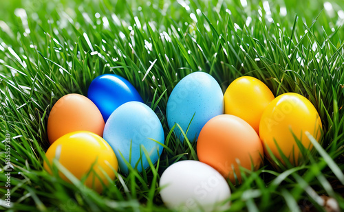 In the picture, there is a group of eggs arranged next to each other on green grass. The photo is clean and sharp, with a resolution of 8K.