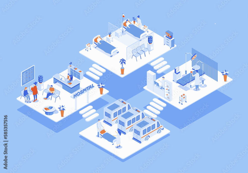 Hospital concept 3d isometric web scene with infographic. People waiting in reception, doctors work at resuscitation and wards, ambulance cars parking. Illustration in isometry graphic design - obrazy, fototapety, plakaty 
