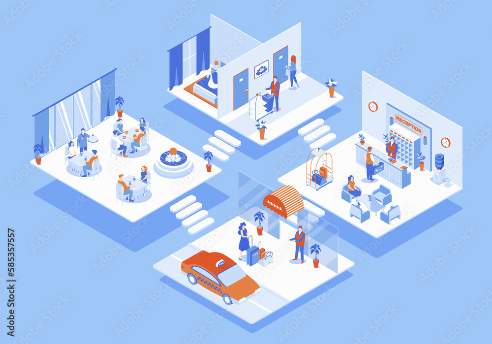 Hotel concept 3d isometric web scene with infographic. People at main entrance, waiting at reception, tourists check into rooms and dine in restaurant. Illustration in isometry graphic design