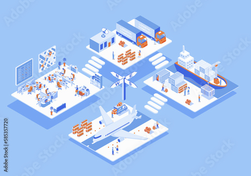 Logistic company concept 3d isometric web scene with infographic. People working in delivery office and provide road, marine and air transportations. Illustration in isometry graphic design