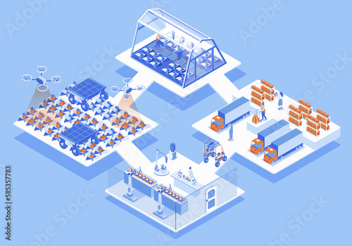 Fototapeta Naklejka Na Ścianę i Meble -  Modern agricultural concept 3d isometric web scene with infographic. People work at smart farm, research in laboratory, farming and export products. Illustration in isometry graphic design