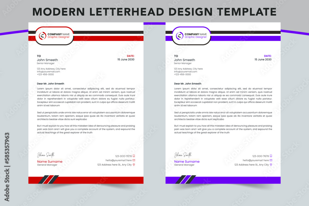Fototapeta premium Professional corporate company business letterhead template design with 2 color variation