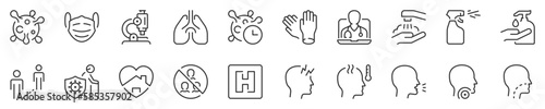 Diagnosis, symptomatology and prevention of coronavirus. Health care thin line icon set. Symbol collection in transparent background. Editable vector stroke. 512x512 Pixel Perfect.
