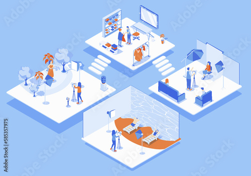 Photo studio concept 3d isometric web scene with infographic. People take pictures in garden or beach locations, wait in dressing room, take id photos. Illustration in isometry graphic design