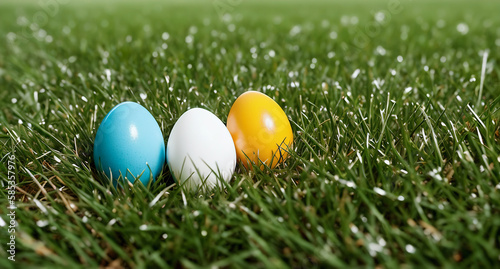 Three colorful eggs arranged next to each other on green grass. The atmosphere is festive and very spring-like and joyful. Generative AI
