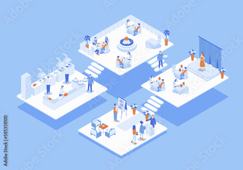 Restaurant concept 3d isometric web scene with infographic. People waiting at hall, sitting at tables in dining room or veranda, staff work at kitchen. Illustration in isometry graphic design