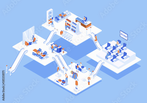 Shopping mall concept 3d isometric web scene with infographic. People buying at supermarket and clothing store, watch movie in cinema, work in coworking. Illustration in isometry graphic design