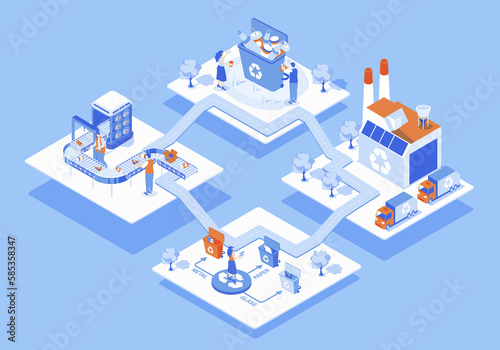 Waste management concept 3d isometric web scene with infographic. People collect and separate trash into bins, sorting and recycling garbage at plant. Illustration in isometry graphic design