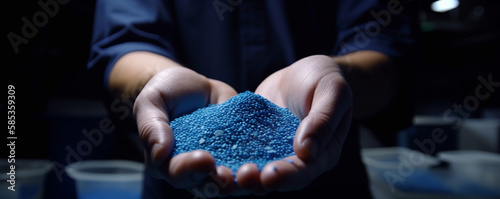 Close up Hands holding plastic polypropylene granules, Generative AI