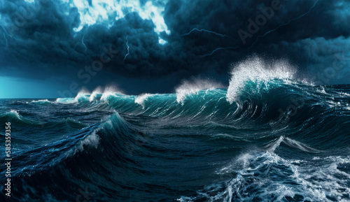 Force of Nature - Stormy Ocean, Sea Waves Crashing in a Thunderstorm. Generative AI.