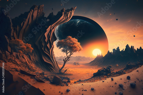 Beautiful alien planet landscape at sunset  illustration generative AI