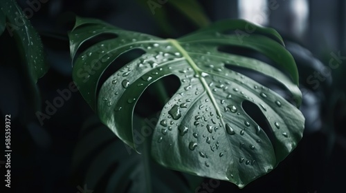 Closeup of Monstera tropical plant leaves with rain drops. Green natural backdrop. Generative AI