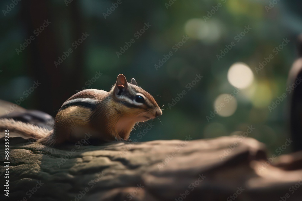 Little chipmunk on the tree branch in the forest. Scene of wild nature. Generative AI. Little chipmunk on the tree branch in the forest. Scene of wild nature. Generative AI.