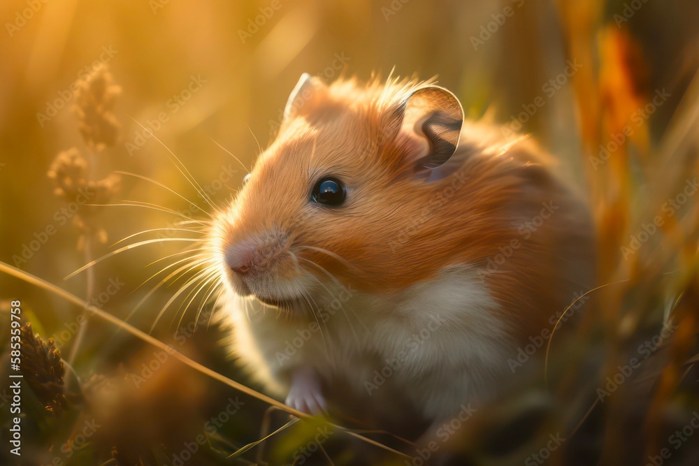 Cute little hamster in the grass under sunlight. Generative AI.