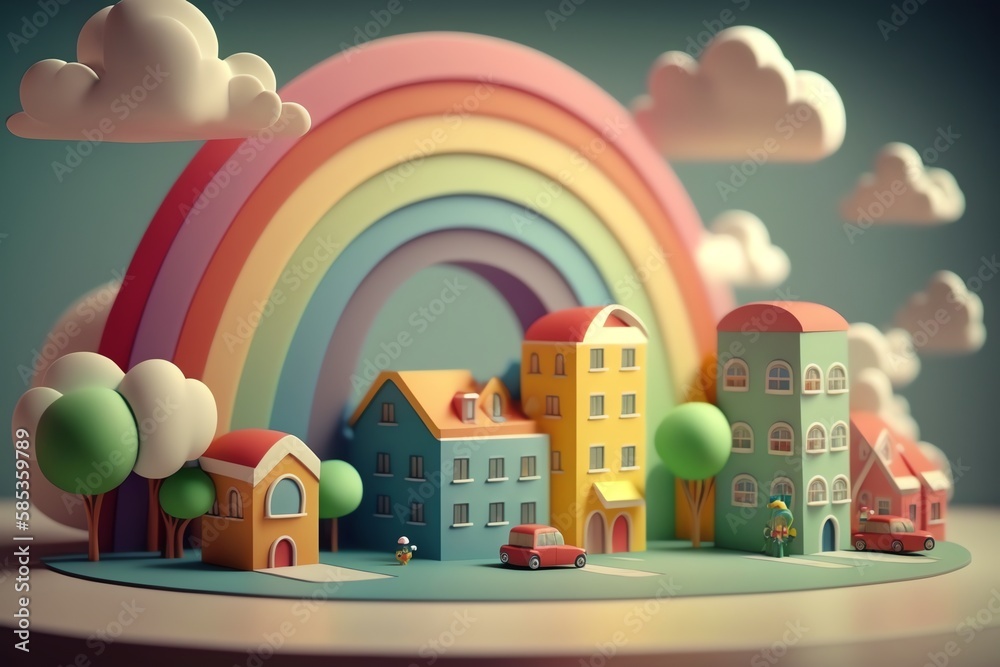 3D cute mini city, mini world, miniature city, kid style, colorful, houses, hotels, streets, clouds, hill, happy color, raindow