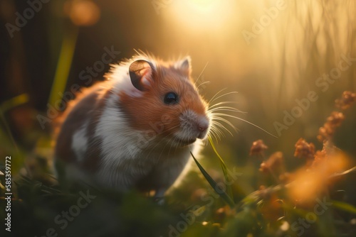 Cute little hamster in the grass under sunlight. Generative AI. © Hanna