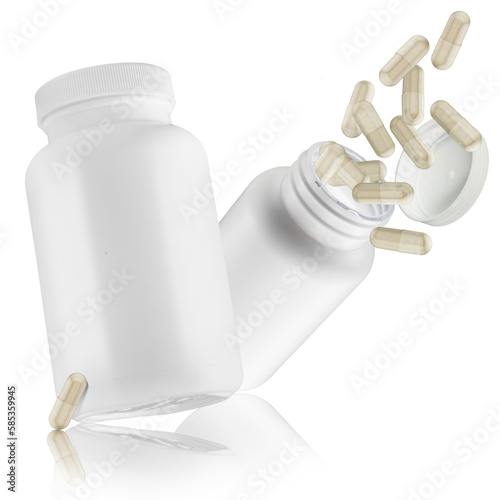 Dwie białe butelki na lekarstwa, na białym tle. Z butelek wylatują lekarstwa koloru beżowego. Butelki nieoznakowane, bez nazwy. Butelka PET z nieprzeźroczystego plastiku. Duża ilość lekarstw. © FotoEston