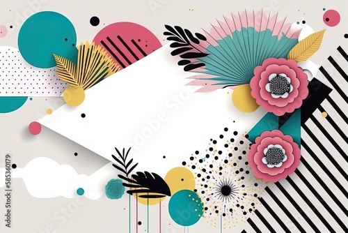 Trendy memphis style floral background with geometric shapes  minimalistic flowers and leaves with empty space for text on white background