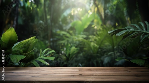 Wood table mockup with tropical jungle on background. Empty copy space for product presentation. Generative AI