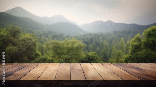 Wood table mockup with scenic green forest on background. Empty copy space for product presentation. Generative AI