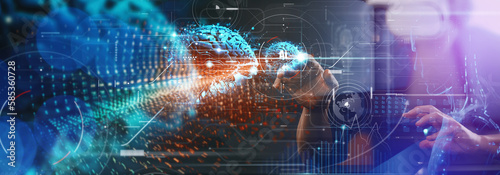 Machine learning,Hand touching brain of AI, Symbolic ,artificial intelligence of futuristic technology. AI network of brain on business analysis, innovative and business growth development.