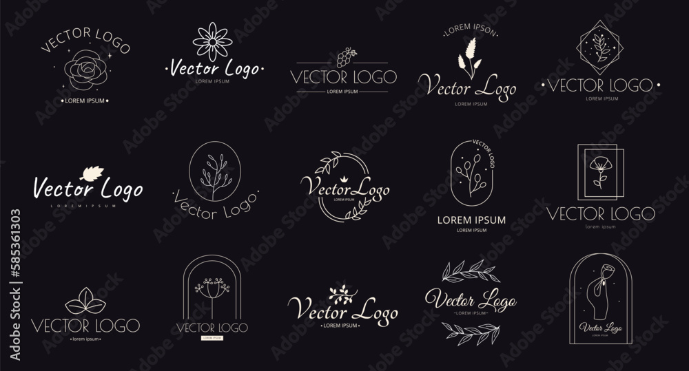 Elegant logo. Trendy florist, cosmetic or wedding logotype design. Photography, eco shop or medicine emblems. Hands hold plants, leaves and flowers, herb shopping, vector recent minimalistic set