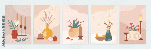 Art flower vases and candles, abstract posters. Simple organic decoration shapes, contemporary geometric cards. Bouquets in interior. Still life image. Vector design utter illustration set