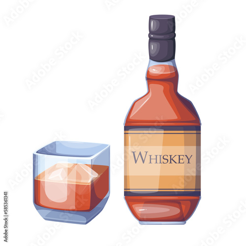 Whisky in bottle and glass with ice cubes, alcohol drink for bar menu vector illustration. Cartoon bottle full of strong whiskey beverage, isolated cup for tasting cold alcoholic brown liquid