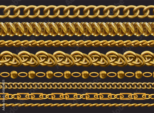 Gold chain. Realistic jewelry necklace. Golden metal border. Luxury fashion objects. Bijouterie link. Metallic bracelets. Shiny chrome seamless necklets set. Vector exact isolated pattern