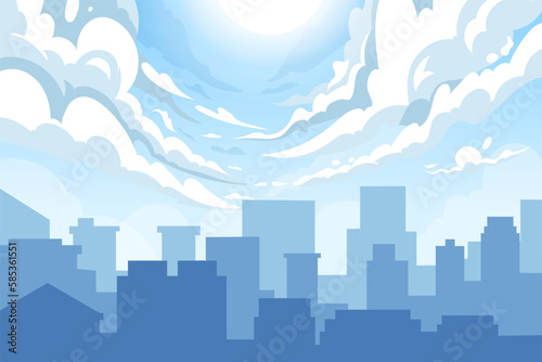 Urban landscape. Cityscape with buildings. Flat city skyscrapers silhouette. Blue sky with sun and clouds. Town skyline view. Afternoon downtown homes. Vector garish design background